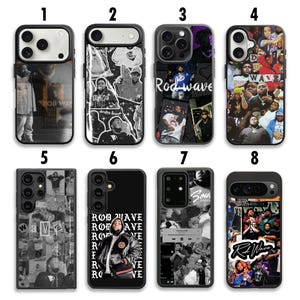 May include: Collection of eight phone cases featuring various designs. The cases showcase images of Rod Wave, with some cases displaying collages of photos and text. The color scheme is primarily black and white, with some cases incorporating color.