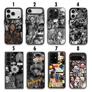 Puede incluir: Una colección de ocho fundas para teléfonos con varios diseños. Las fundas muestran un collage de imágenes, incluyendo retratos y gráficos. Algunas fundas tienen el texto "Post Malone" y "Stoney". Las fundas están diseñadas para diferentes modelos de teléfonos.