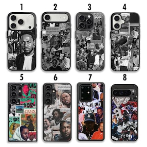 Op de afbeelding: Acht telefoonhoesjes met verschillende ontwerpen met een muzikant. De hoesjes hebben een mix van zwart-wit en kleuren collages, met portretten en tekst.