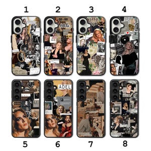 May include: Eight smartphone cases featuring collage designs of the singer Adele. Each case displays various photographic portraits, text snippets, and artistic elements in black, white, and neutral tones. The cases are arranged in two rows of four.