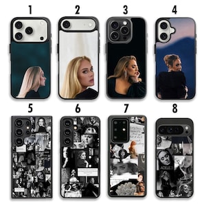 May include: Collection of phone cases featuring images of Adele. The cases showcase various portraits and artistic designs, including black and white collages and scenic backgrounds. Each case is designed to fit different phone models.
