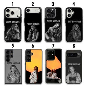 May include: A collection of eight phone cases featuring images of Tate McRae. Each case displays a different photo of the singer, with the name "TATE MCRAE" printed on the case. The cases are in various colors and designs.