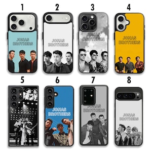 May include: A collection of phone cases featuring the Jonas Brothers. Each case displays a different image of the band members, with the band's name printed in a bold font. The cases have various background colors, including blue, yellow, and black and white.