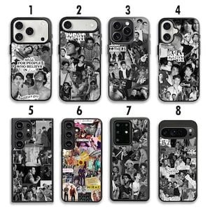 May include: A collection of eight phone cases featuring black and white collages of the Jonas Brothers. Each case has a unique design, with text and images related to the band. Some cases include phrases like "music for people who believe in love" and "baddies get".