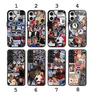 May include: A collection of eight smartphone cases featuring collage-style designs with various hockey-themed imagery, including player portraits, jersey numbers 81 and 24, team logos, and sports action shots. Each case displays a unique arrangement of photos.