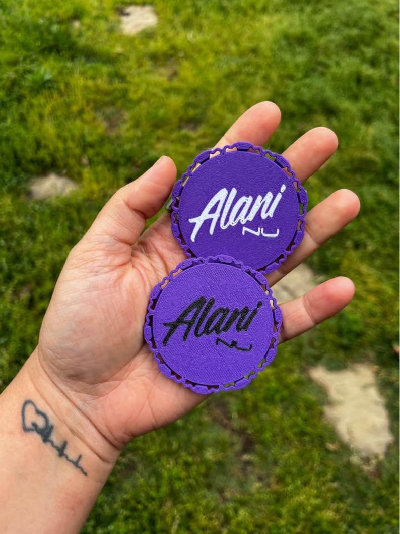 Puede incluir: Dos parches circulares morados con bordes festoneados, cada uno con el nombre "Alani" en escritura blanca. Los parches se sostienen en una mano, con hierba verde en el fondo.