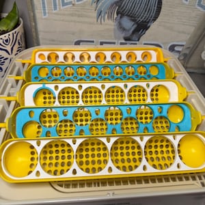 May include: An egg incubator tray system featuring five interchangeable plastic rails in yellow, white, and blue. Each rail contains various circular cutouts and a fine grid pattern designed to hold eggs securely within the incubator base unit.