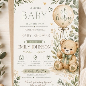 Puede incluir: Invitación a un baby shower con una ilustración de un oso de peluche y el texto "Oh baby". La invitación presenta un diseño de acuarela con follaje verde y detalles dorados. La invitación incluye detalles del baby shower, como la fecha, la hora y el lugar.
