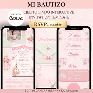 May include: A digital interactive baptism invitation template in shades of pink, featuring a church illustration, a cross, and floral accents. The design includes text fields for event details, parent and godparent names, and RSVP tracking, editable in Canva.