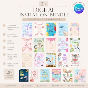 Könnte beinhalten: Ein digitales Einladungs-Bundle mit über 21 Vorlagen. Das Bild zeigt verschiedene farbenfrohe Geburtstagseinladungsdesigns, darunter Themen wie Meerjungfrauen, Dinosaurier und Weltraum. Text enthält "Digital Invitation Bundle" und "Fully Editable with Canva Pro."