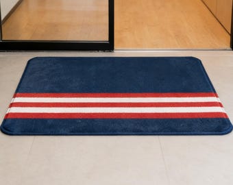 Modern Stripe Faux Cashmere Rug, Blue Red White Area Rug, Soft Non Slip Carpet for Living Room Bedroom Home Decor
