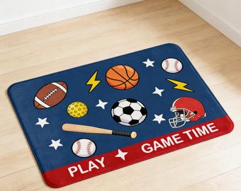 Kids Sports Faux Cashmere Rug, Play Game Time Area Rug, Soft Non-Slip Carpet for Boys Room, Playroom, Children Bedroom Decor