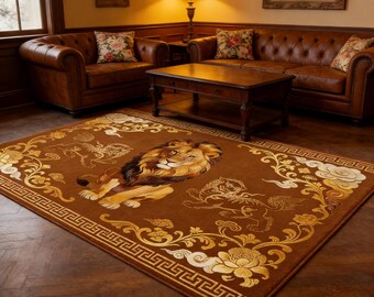 Lion Faux Cashmere Rug, Luxury Animal Area Rug, Oriental Style Floor Rug, Soft Non Slip Carpet for Living Room Bedroom Home Decor