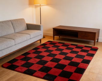 Red and Black Checkered Faux Cashmere Rug, Modern Geometric Area Rug, Soft Non Slip Carpet for Living Room Bedroom Home Decor