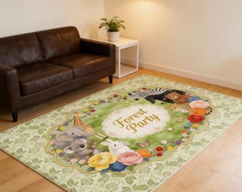 Forest Party Faux Cashmere Rug, Cute Animal Area Rug for Kids Room, Soft Non Slip Carpet for Nursery Playroom Home Decor