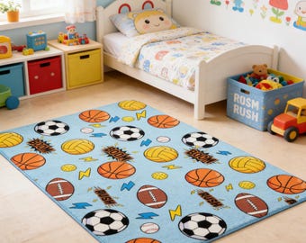 Kids Faux Cashmere Rug, Sports Ball Cartoon Area Rug, Soft Non Slip Playroom Carpet for Boys Room Bedroom Nursery