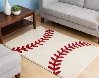Baseball Stitch Pattern Area Rug, Sports Themed Floor Mat, Cream with Red Stitching, Man Cave & Game Room Decor, Gift for Baseball Fans