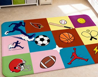 Sports Words Kids Play Rug，Colorful Kids Area Rug, Soft Non Slip Playroom Carpet, Multi Sports Floor Mat for Bedroom Game Room