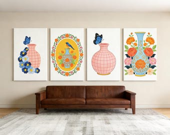 Livting Room Wall Art,Blue Butterfly & Pink Grid Vase Canvas Print, Floral Decoration