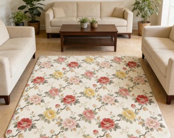 Vintage Floral Area Rug, French Country Decor, Creamy Living Room Carpet