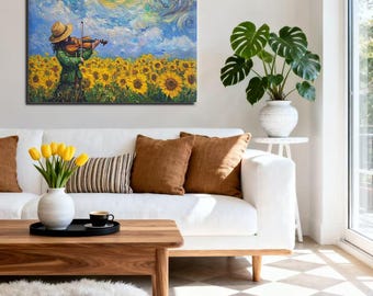 Sunflower Wall Art printed,Canvas  Impressionist Landscape Canvas Painting, Rustic Country Farmhouse Wall Decor
