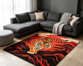 Vintage Red Tiger Area Rug, Faux Cashmere Rug, Bold Artistic Home Decor, Unique Birthday Gift