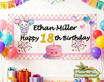 Personalized Pink Bunny Birthday Banner, Custom Vinyl Backdrop for Kids Party, Cute Cartoon Cake Decoration for Girl 2nd Birthday
