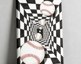 Baseball Optical Illusion Canvas Print, 3D Tunnel Wall Art, Sports Decor