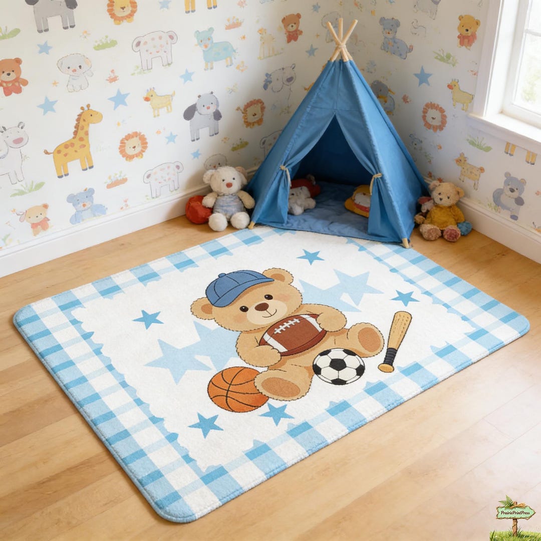Kids Sports Faux Cashmere Rug, Cute Teddy Bear Area Rug, Soft Non-slip ...