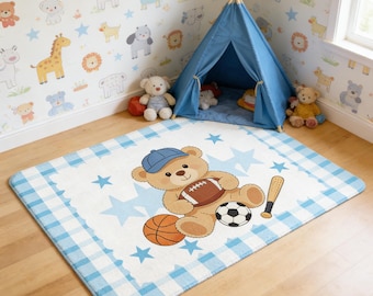 Kids Sports Faux Cashmere Rug, Cute Teddy Bear Area Rug, Soft Non-Slip Carpet for Boys Room, Nursery, Playroom Decor