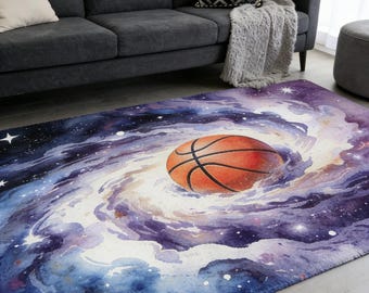 Galaxy Basketball Faux Cashmere Rug, Sports Theme Area Rug, Soft Non-Slip Carpet for Kids Room, Boys Bedroom, Playroom Decor