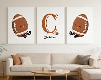 Custom Football 3-Piece Canvas Wall Art, Personalized Name Monogram Sports Decor