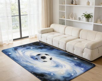 Galaxy Soccer Area Rug - Sporty Space-Themed Faux Cashmere Rug, Non-Slip Football Carpet for Game Room, Bedroom & Living Room