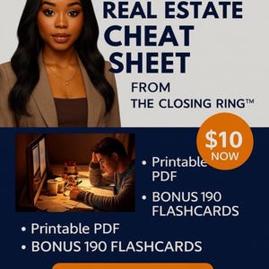 May include: Promotional image for a real estate cheat sheet. It shows a woman, the text "NATIONAL REAL ESTATE CHEAT SHEET", and a man studying. Includes "Printable PDF" and "BONUS 190 FLASHCARDS".
