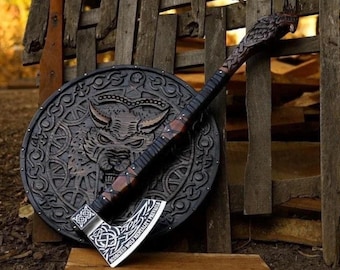 Hache viking avec bouclier de loup - Décoration de guerrier nordique, cadeau de hache médiévale fabriquée à la main
