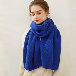 Blue Oversize Extra Long Chunky Scarf, Unisex Winter Hand Knitted Shawl, Soft Ribbed Shoulder Wrap, Xmas Gift, Women Blanket Scarf, 6 Colors