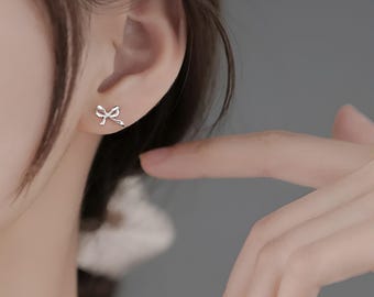 Dainty Bow Tie Stud Earrings, Tiny Gold Bowknot Wedding Earrings, Sterling Silver Friendship Jewelry, Trendy Friend Gift, Gold - Silver