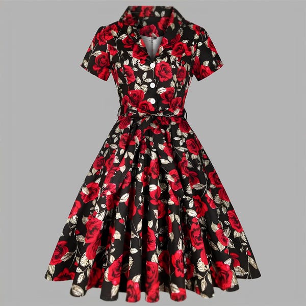 Vintage Women's 1950s Land Girl Style, Retro Party Dress with Short Sleeves 4XL Robe Femme Swing 1940s/1950s Look, Belted Cotton Shirt Dress