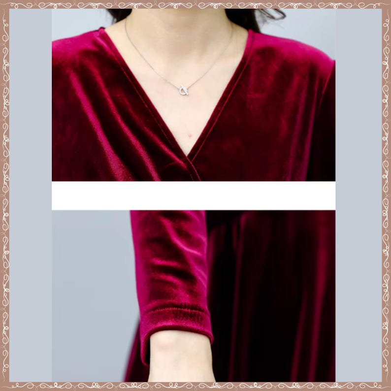 May include: A deep red velvet dress with a V-neckline and long sleeves. The fabric has a soft, luxurious texture. A silver necklace with a small pendant is visible at the neckline. The dress appears to be a formal or evening wear garment.