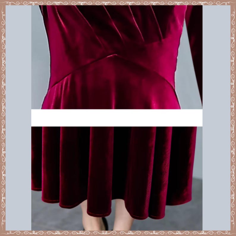 May include: A burgundy velvet dress with long sleeves and a gathered bodice. The skirt flares out from the waist, creating a flowing silhouette. The dress is made of a soft, luxurious fabric, perfect for special occasions.