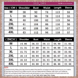 May include: A size chart for clothing, featuring measurements in centimeters and inches. The chart includes sizes M to 4XL, detailing shoulder, bust, waist, length, and sleeve measurements. The text at the top says "SIZE INFO".