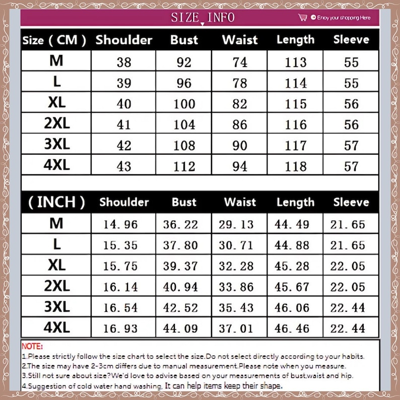 May include: A size chart for clothing, featuring measurements in centimeters and inches. The chart includes sizes M to 4XL, detailing shoulder, bust, waist, length, and sleeve measurements. The text at the top says "SIZE INFO".