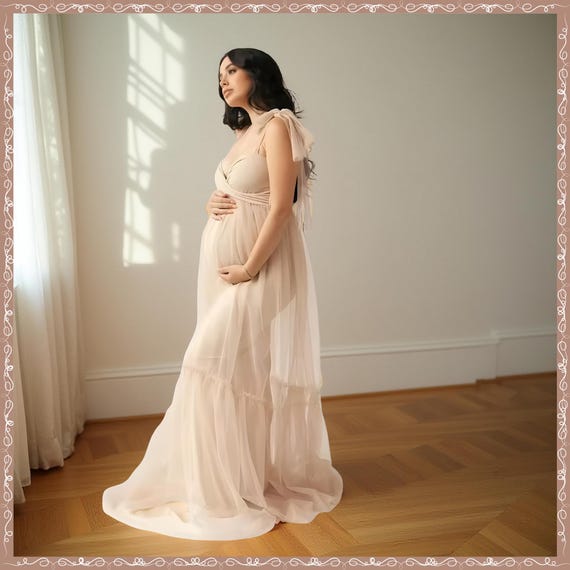 chinese dress ladies Plus Maternity Ruched Bust Layered Hem Mesh Ruffle Cami Dress Mauve Purple / 2XL main image 1