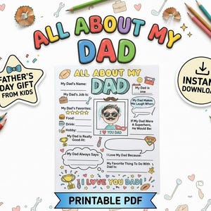 Father's Day Questionnaire: All About My Dad Printable Coloring Page, PDF Download, Kids Activity, Dad Interview Worksheet, gift Father's