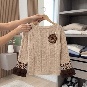 Cable Knit Sweater PATTERN pdf, Basket Weave Pullover Crochet Flower Brooch Leopard Cuff, Knit Crochet Pattern, Digital Download XS-XL