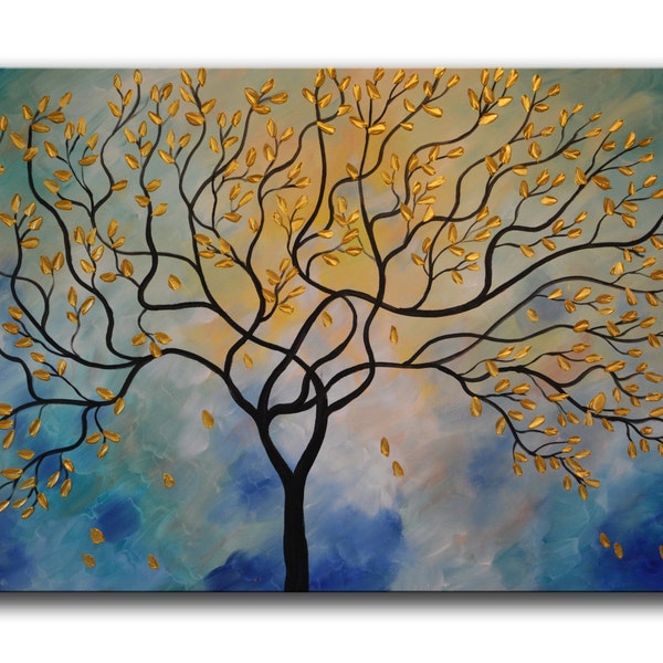 Original Blue Landscape,Abstract Blue Tree,Gold Tree, Impasto Tree,Textured Large Painting 24x36, Blue Tree Metalllic Gold