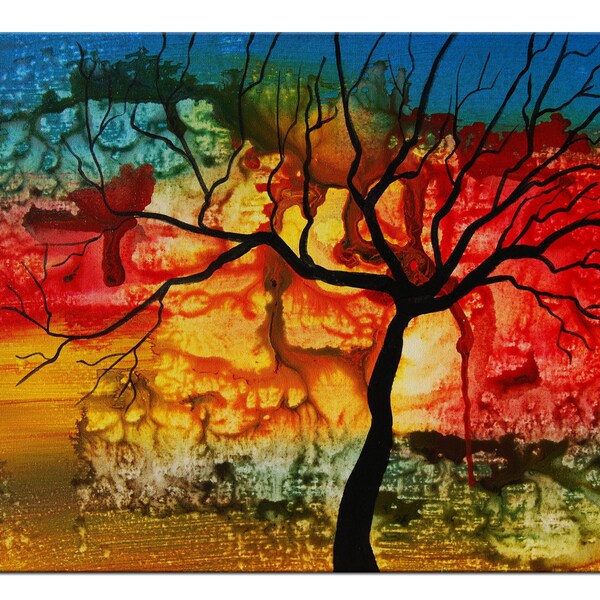 Art painting Abstract Original Modern Colorful red Tree Painting by Helen - Sunset Tree Painting