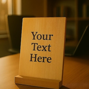 Pode incluir: Uma placa de madeira com o texto "Your Text Here" em uma fonte escura. A placa é retangular e fica em pé sobre uma pequena base. A madeira tem uma cor marrom clara e um grão visível.