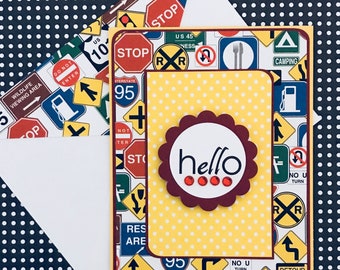 Hello Card with Matching Embellished Envelope- Road Trip [TOP FOLD]