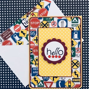 Hello Card with Matching Embellished Envelope- Road Trip [TOP FOLD]